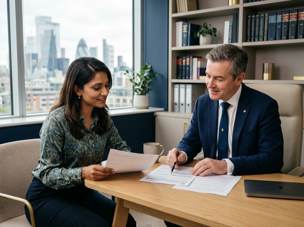 Brightman Legal consultation — advisers reviewing documents together in a modern office